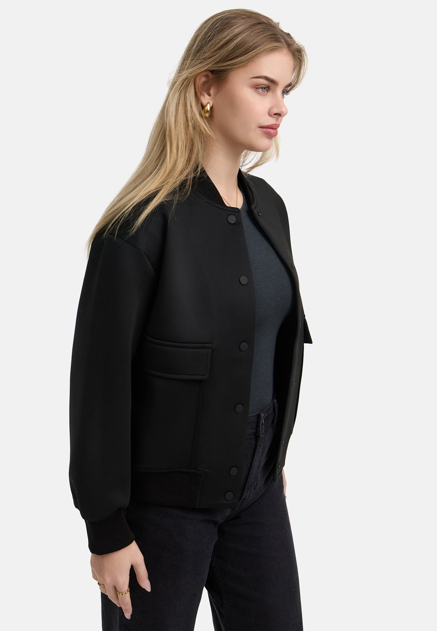 Andragora Montreal Schwarze Bomber Jacke mit Druckknöpfen und Taschen