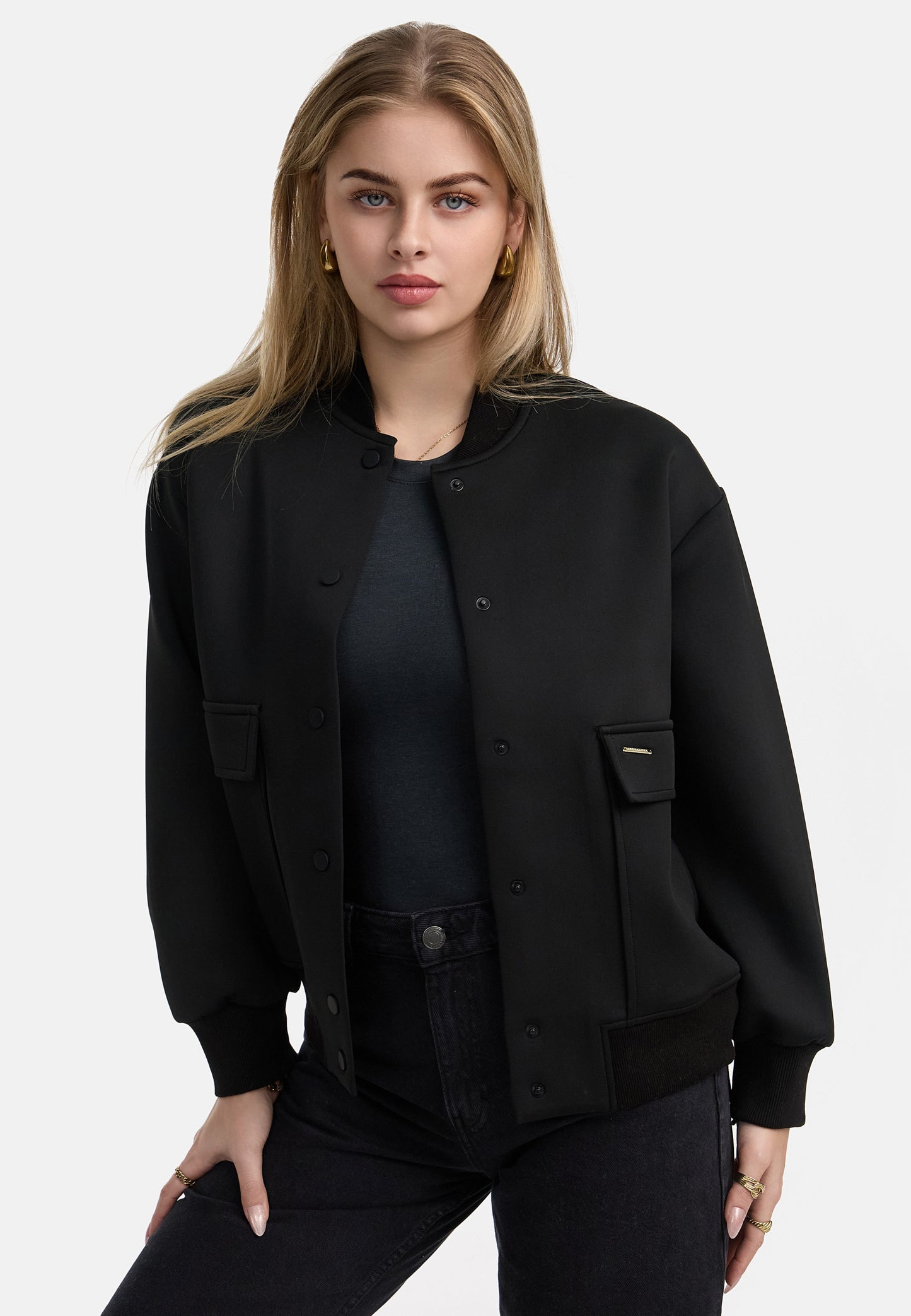 Andragora Montreal Schwarze Bomber Jacke mit Druckknöpfen und Taschen